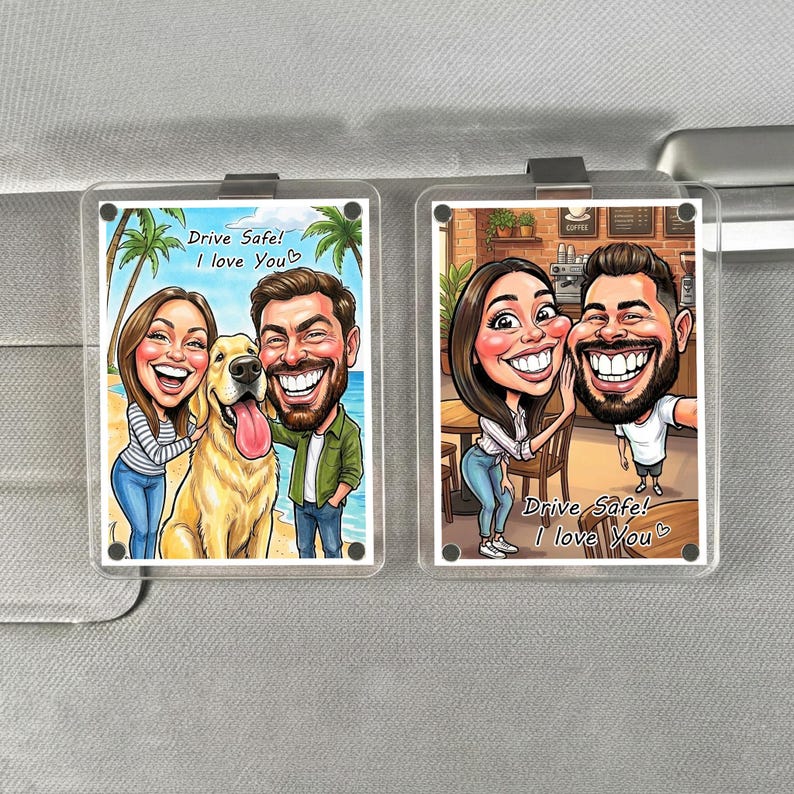 Personalized Funny Caricature Portrait from Photo, Custom Couple Car Visor Clip, Drive Safe I Love You Gift for Him,Anniversary Car Keepsake