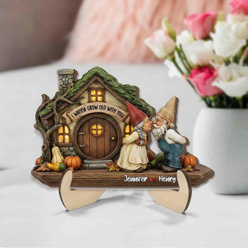 Personalized Gnome Couple Plaque, Growing Old Together Name Sign, Custom Couple Standing Wood Sign, Romantic Anniversary Gift for Couples