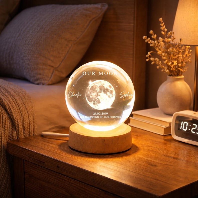 Our Moon Personalized Crystal Ball LED Night Light, Custom Names & Date Moon Lamp, Anniversary Wedding Valentine Gift for Couple