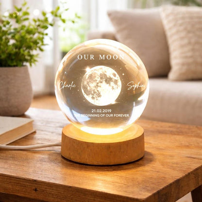 Our Moon Personalized Crystal Ball LED Night Light, Custom Names & Date Moon Lamp, Anniversary Wedding Valentine Gift for Couple