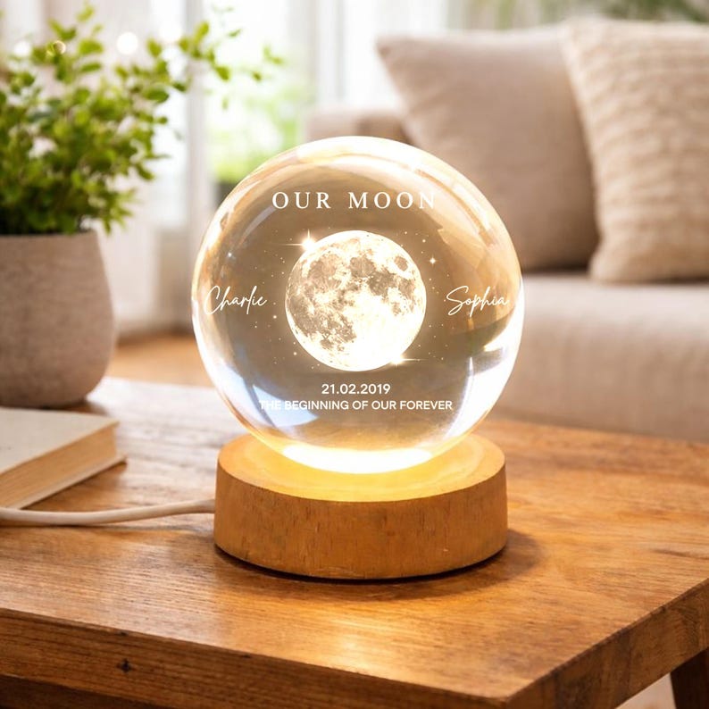 Our Moon Personalized Crystal Ball LED Night Light, Custom Names & Date Moon Lamp, Anniversary Wedding Valentine Gift for Couple