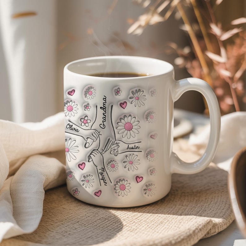 Personalized Grandma Mug, Holding Hands Floral Design, Mother's Day Gift