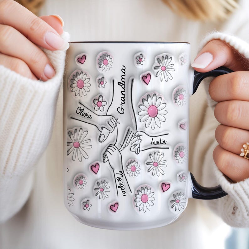 Personalized Grandma Mug, Holding Hands Floral Design, Mother's Day Gift
