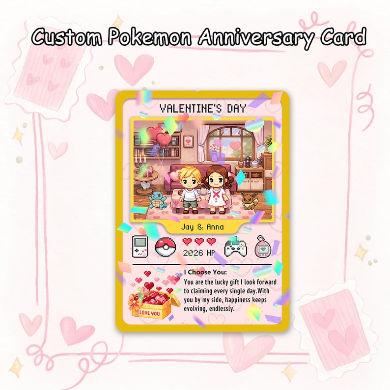 Custom Pkm Anniversary Card, Hand Painted Valentine Card, Gift for Boyfriend