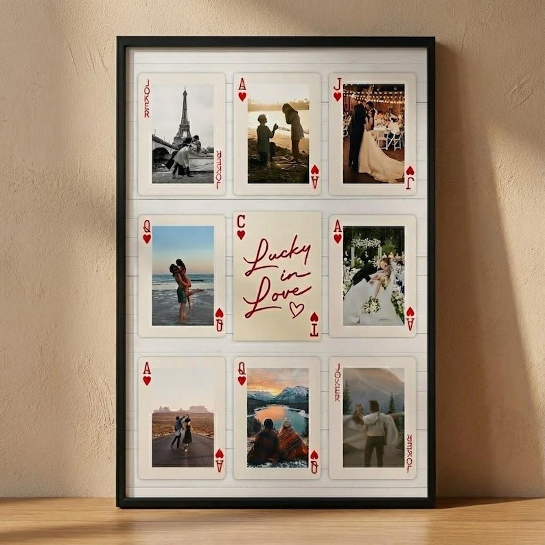 Personalized Playing Card Photo Frame, Custom Couple Love Story Poster, Lucky in Love Wall Art, Anniversary Gift for Couples