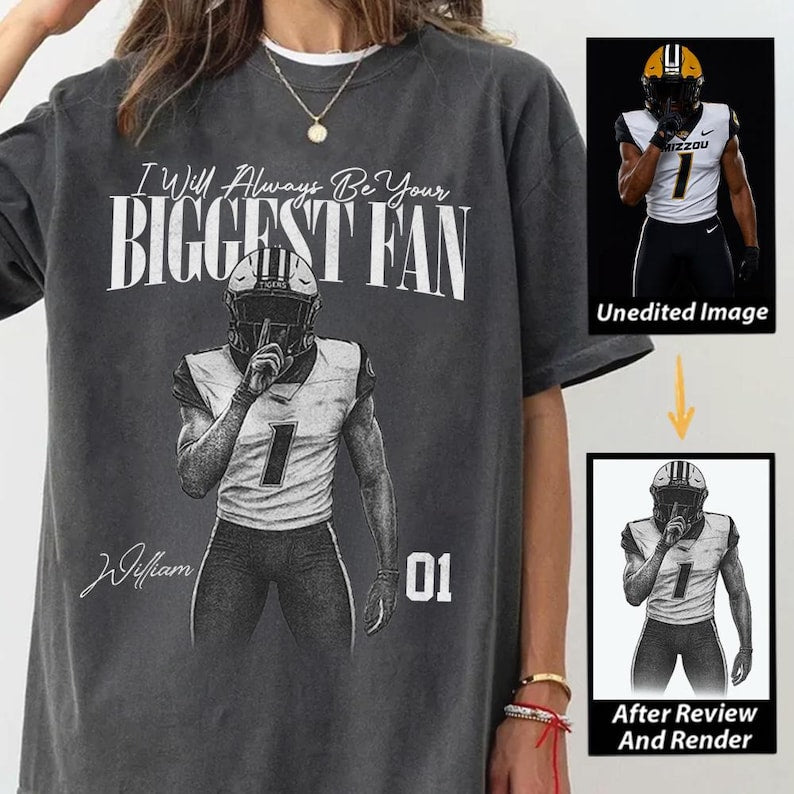 Custom Photo Sport Player Shirt - I'll Always Be Your Biggest Fan - Washed Tee Retro Bootleg Shirt For Football Lovers, Football Team Tee