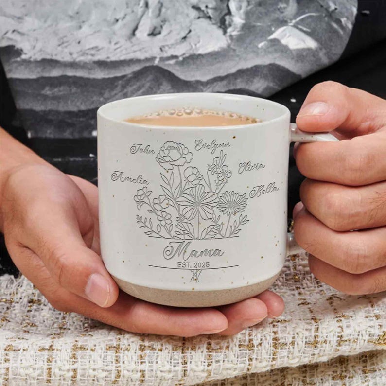 Custom Mom Pottery Mug with Kids Names Birth Month Flowers Coffee Mug, Mother s Day Gift for Mom or Grandma, Personalized Coffee Cup