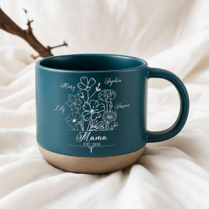 Custom Mom Pottery Mug with Kids Names Birth Month Flowers Coffee Mug, Mother s Day Gift for Mom or Grandma, Personalized Coffee Cup