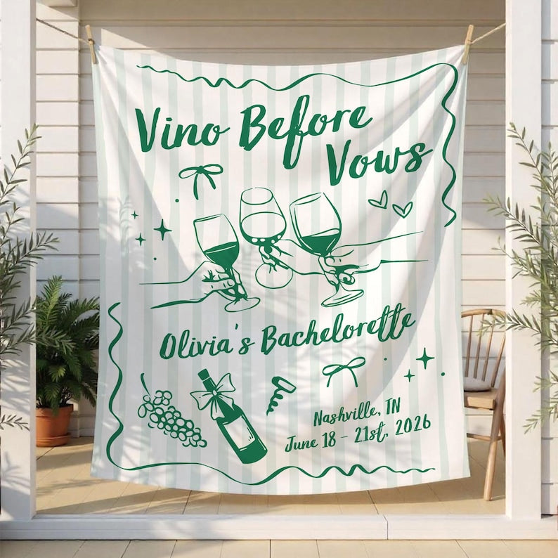 Vino Before Vows Party Tapestry, Personalized Wine Bachelorette Party Banner, Bridal Shower Party Backdrop, Winery Bach Party Welcome Sign
