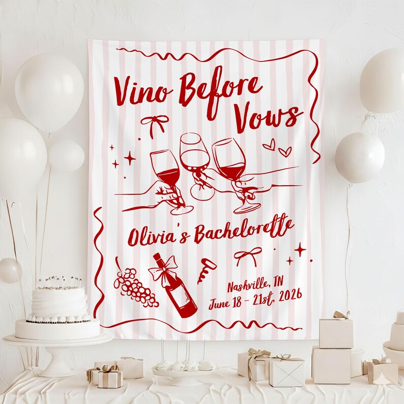 Vino Before Vows Party Tapestry, Personalized Wine Bachelorette Party Banner, Bridal Shower Party Backdrop, Winery Bach Party Welcome Sign