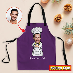 Custom Face Chef Apron, Funny Cartoon Kitchen Gift for Dad Mom Cook, Christmas Gift for Home Chef, BBQ, Baking Lover