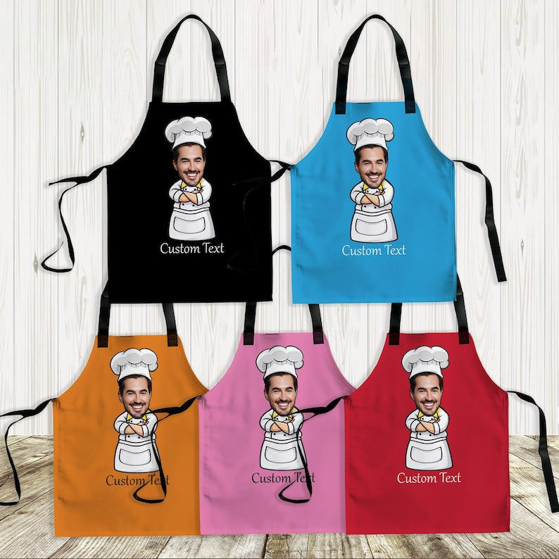 Custom Face Chef Apron, Funny Cartoon Kitchen Gift for Dad Mom Cook, Christmas Gift for Home Chef, BBQ, Baking Lover
