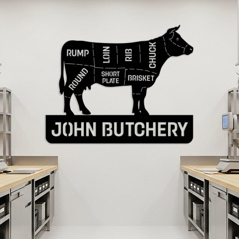 Custom Butcher Shop Metal Sign, Personalized Meat Cut Diagram Wall Art, Kitchen Wall Decor, Large Butchery Name Sign, Gift for Butcher