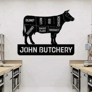 Custom Butcher Shop Metal Sign, Personalized Meat Cut Diagram Wall Art, Kitchen Wall Decor, Large Butchery Name Sign, Gift for Butcher