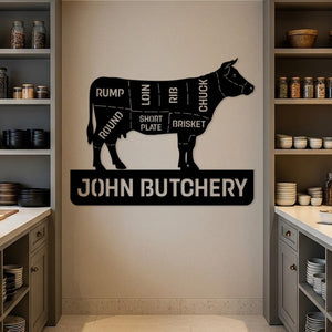 Custom Butcher Shop Metal Sign, Personalized Meat Cut Diagram Wall Art, Kitchen Wall Decor, Large Butchery Name Sign, Gift for Butcher