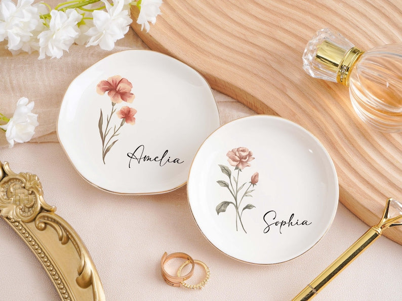 Personalized Jewelry Dish,Birth Month Flower Ring Dish,Bridesmaid Gifts,Birthday Jewelry Dish,bridesmaid proposal,Birthday Gift for Her