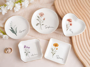 Personalized Jewelry Dish,Birth Month Flower Ring Dish,Bridesmaid Gifts,Birthday Jewelry Dish,bridesmaid proposal,Birthday Gift for Her