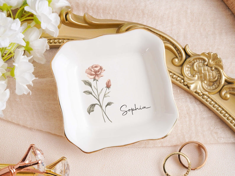 Personalized Jewelry Dish,Birth Month Flower Ring Dish,Bridesmaid Gifts,Birthday Jewelry Dish,bridesmaid proposal,Birthday Gift for Her