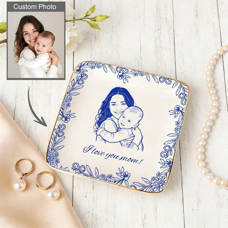 Personalized Ceramic Photo Jewelry Dish, Family Photo Ring Dish, Personalized Portrait Trinket Tray, Gifts for Mom, Nanny, Family Gift