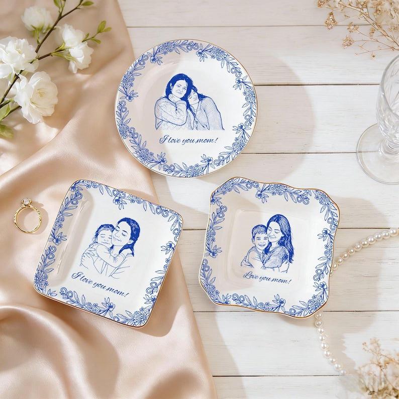 Personalized Ceramic Photo Jewelry Dish, Family Photo Ring Dish, Personalized Portrait Trinket Tray, Gifts for Mom, Nanny, Family Gift