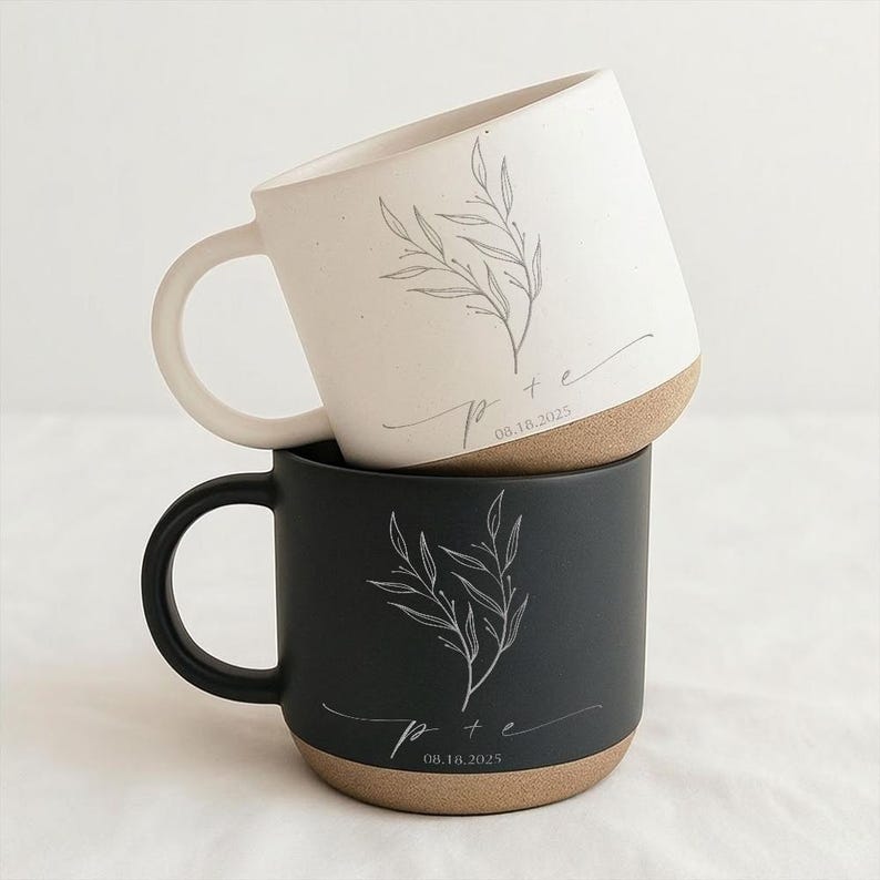 Personalized Engagement Mug, Custom Initials & Date, Minimalist Botanical Ceramic Mug, Newly Engaged Gift for Couple, Wedding Keepsake