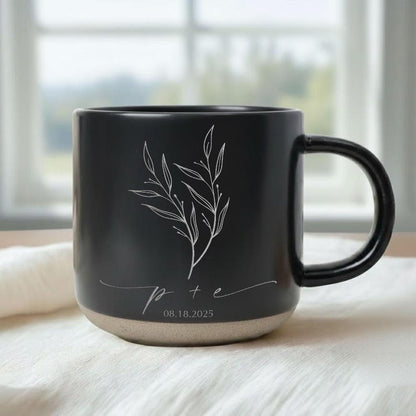 Personalized Engagement Mug, Custom Initials & Date, Minimalist Botanical Ceramic Mug, Newly Engaged Gift for Couple, Wedding Keepsake