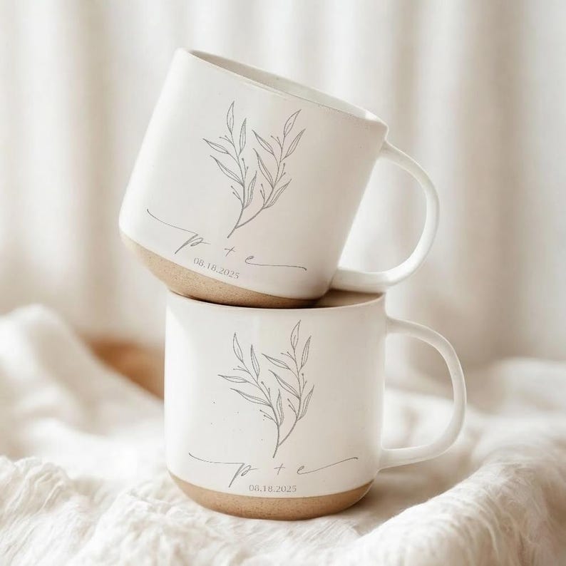 Personalized Engagement Mug, Custom Initials & Date, Minimalist Botanical Ceramic Mug, Newly Engaged Gift for Couple, Wedding Keepsake