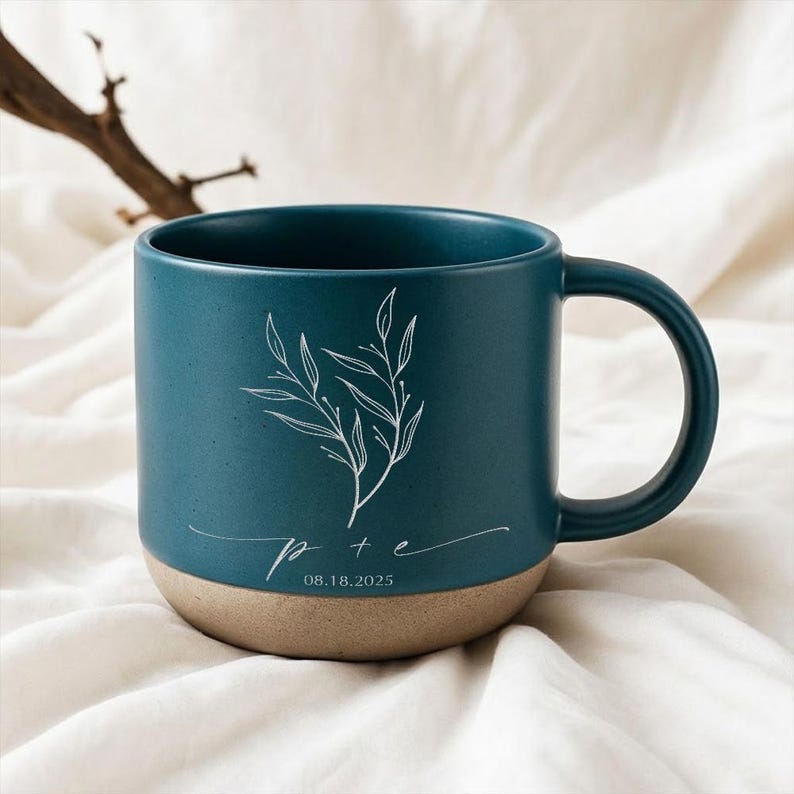 Personalized Engagement Mug, Custom Initials & Date, Minimalist Botanical Ceramic Mug, Newly Engaged Gift for Couple, Wedding Keepsake