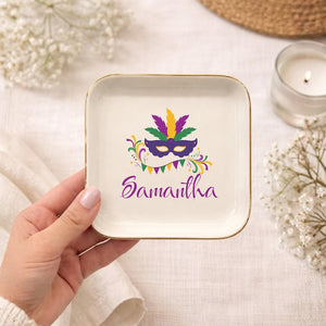 Personalized Mardi Gras Trinket Dish, Custom Mardi Gras Mask Ring Dish with Name, Fat Tuesday Ring Tray, Mardi Gras Gift for Her