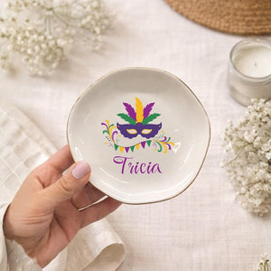 Personalized Mardi Gras Trinket Dish, Custom Mardi Gras Mask Ring Dish with Name, Fat Tuesday Ring Tray, Mardi Gras Gift for Her