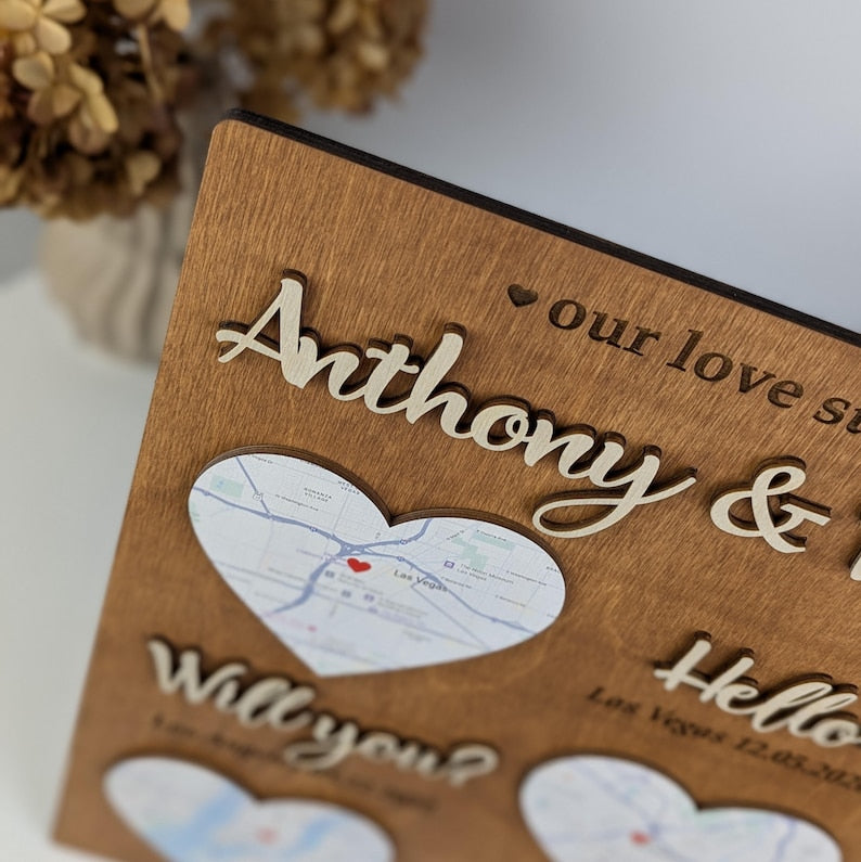 Hello Will You I Do Map Frame: Where We Met Gift, 5th Anniversary Wood Plaque