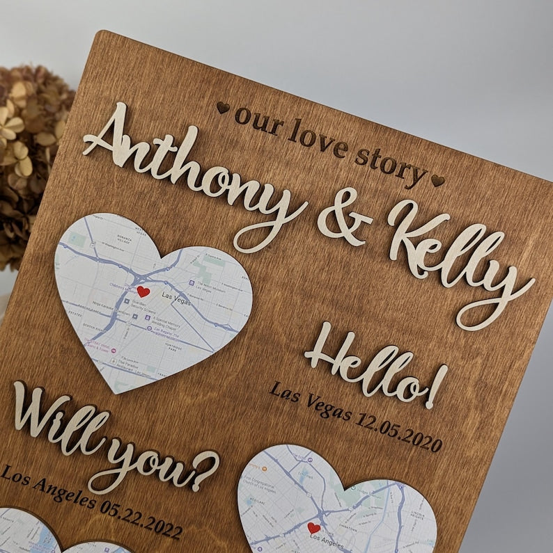 Hello Will You I Do Map Frame: Where We Met Gift, 5th Anniversary Wood Plaque