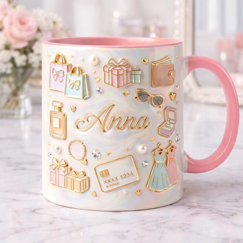 Personalized Makeup Lover Mug, Custom Name Beauty Coffee Cup, Luxury Gold Cosmetics Mug, Glam Feminine Mug Gift for Her