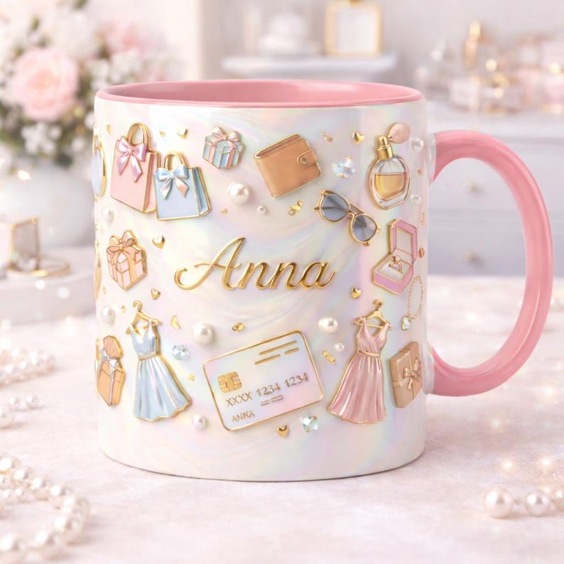 Personalized Makeup Lover Mug, Custom Name Beauty Coffee Cup, Luxury Gold Cosmetics Mug, Glam Feminine Mug Gift for Her