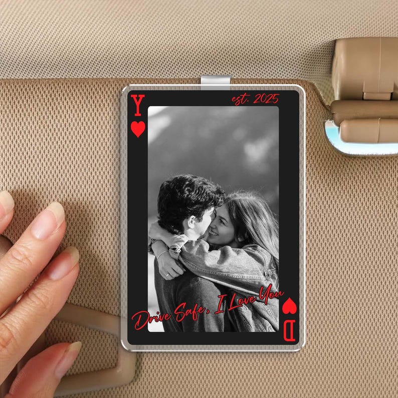 Personalized Photo Playing Card Sun Visor Clip: Custom Couple Car Visor Clip, Valentine Gift for Boyfriend