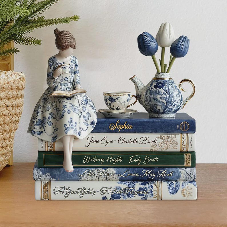 Personalized Book Shaped Acrylic Plaque, Custom Name Book Reading Girl Plaque, Book Home Decor Statue, Gift For Book Lover
