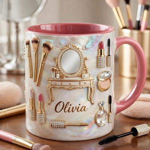 Personalized Makeup Lover Mug, Custom Name Beauty Coffee Cup, Luxury Gold Cosmetics Mug, Glam Feminine Mug Gift for Her