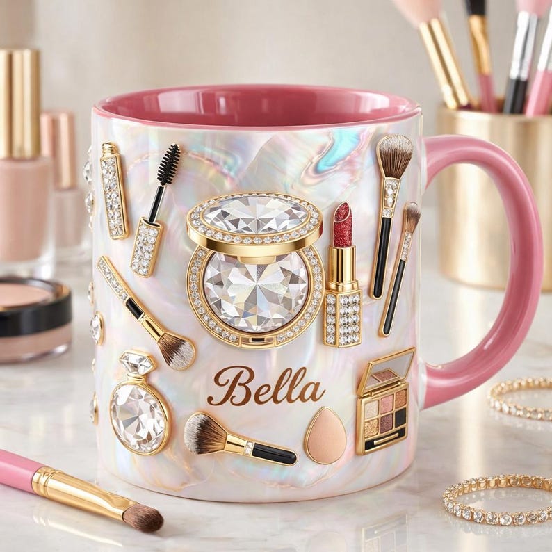 Personalized Makeup Lover Mug, Custom Name Beauty Coffee Cup, Luxury Gold Cosmetics Mug, Glam Feminine Mug Gift for Her