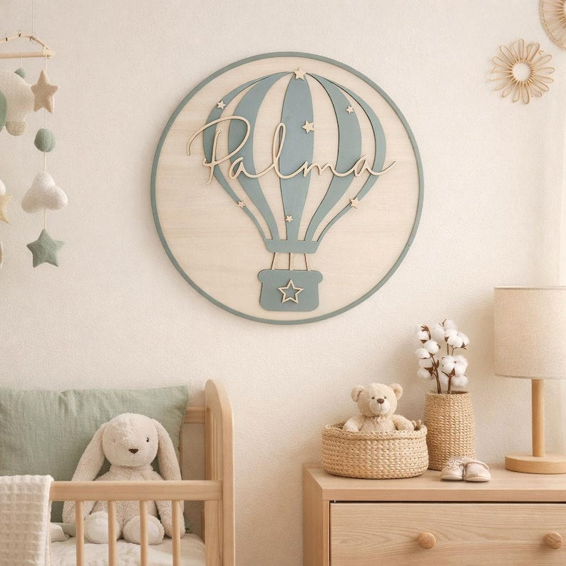 Personalised Hot Air Balloon Name Sign | Nursery Wall Decor | Custom Baby Name Plaque | Wooden Round Wall Hanging | Baby Shower Gift | Boho