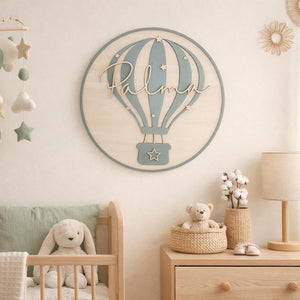 Personalised Hot Air Balloon Name Sign | Nursery Wall Decor | Custom Baby Name Plaque | Wooden Round Wall Hanging | Baby Shower Gift | Boho
