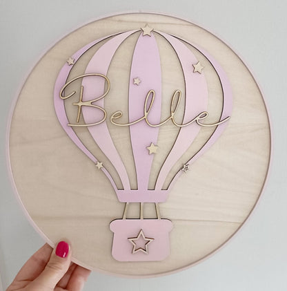 Personalised Hot Air Balloon Name Sign | Nursery Wall Decor | Custom Baby Name Plaque | Wooden Round Wall Hanging | Baby Shower Gift | Boho
