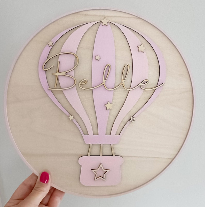 Personalised Hot Air Balloon Name Sign | Nursery Wall Decor | Custom Baby Name Plaque | Wooden Round Wall Hanging | Baby Shower Gift | Boho