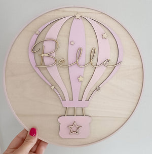 Personalised Hot Air Balloon Name Sign | Nursery Wall Decor | Custom Baby Name Plaque | Wooden Round Wall Hanging | Baby Shower Gift | Boho