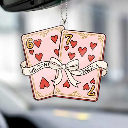 Personalized Playing Card Couple Car Ornament, Custom Name Rearview Mirror Charm, Romantic Valentine Anniversary Gift for Him Her.