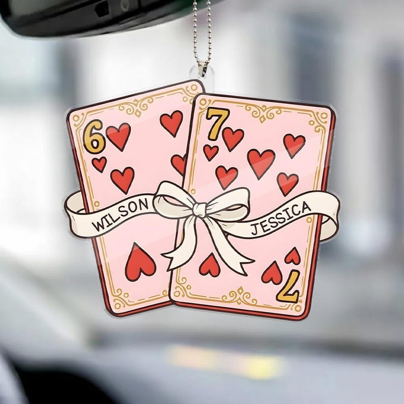 Personalized Playing Card Couple Car Ornament, Custom Name Rearview Mirror Charm, Romantic Valentine Anniversary Gift for Him Her.