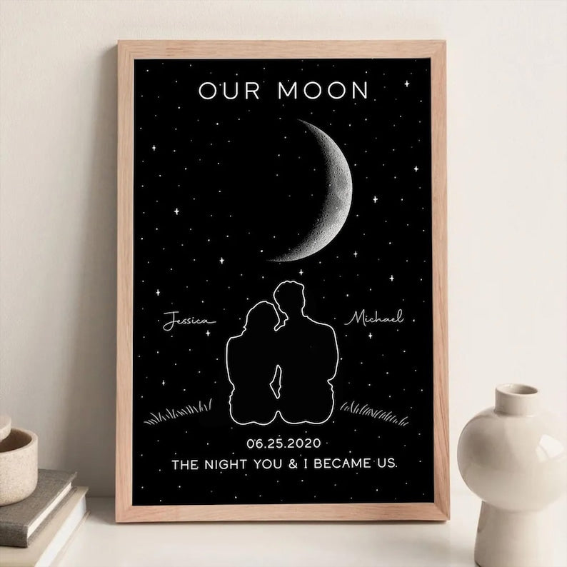 Our Moon Personalized Couple Print, Custom Moon Phase Wall Art, Anniversary Gift for Couples, The Night We Met Keepsake
