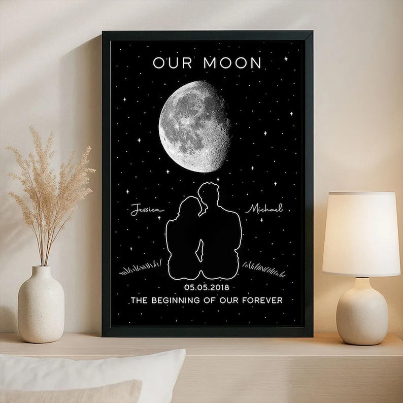 Our Moon Personalized Couple Print, Custom Moon Phase Wall Art, Anniversary Gift for Couples, The Night We Met Keepsake