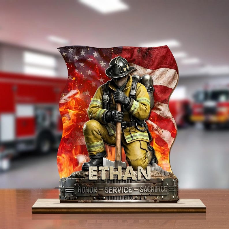 Personalized Firefighter Memorial Plaque, Custom Fireman Sign with Name, Honor Service Sacrifice Tribute Gift for Firefighter Dad Husband