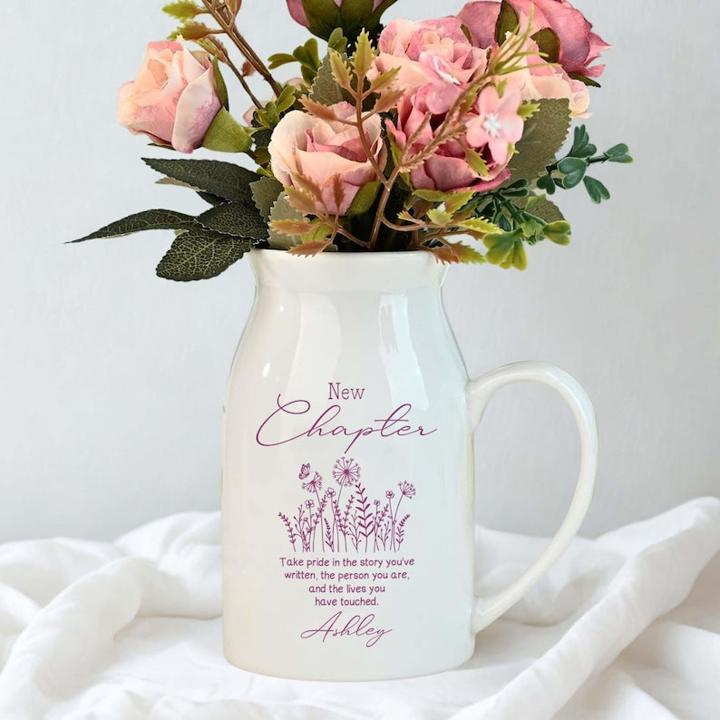 New Chapter Going Away Gift For Coworker Ceramic Flower Vase, Personalized New Job Gifts for Boss, Retirement Present