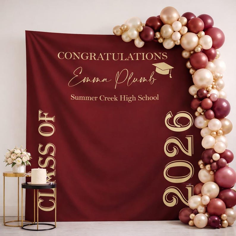 2026 Maroon Graduation Backdrop Custom Class of 2026 Photo Booth Decor Congrats Grad Personalized Grad Party Decor